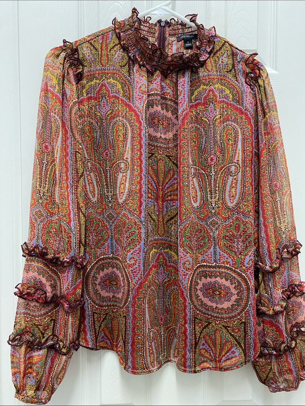 Ann Taylor Paisley Ruffle Mock-Neck Blouse - Pink, Green, Gold